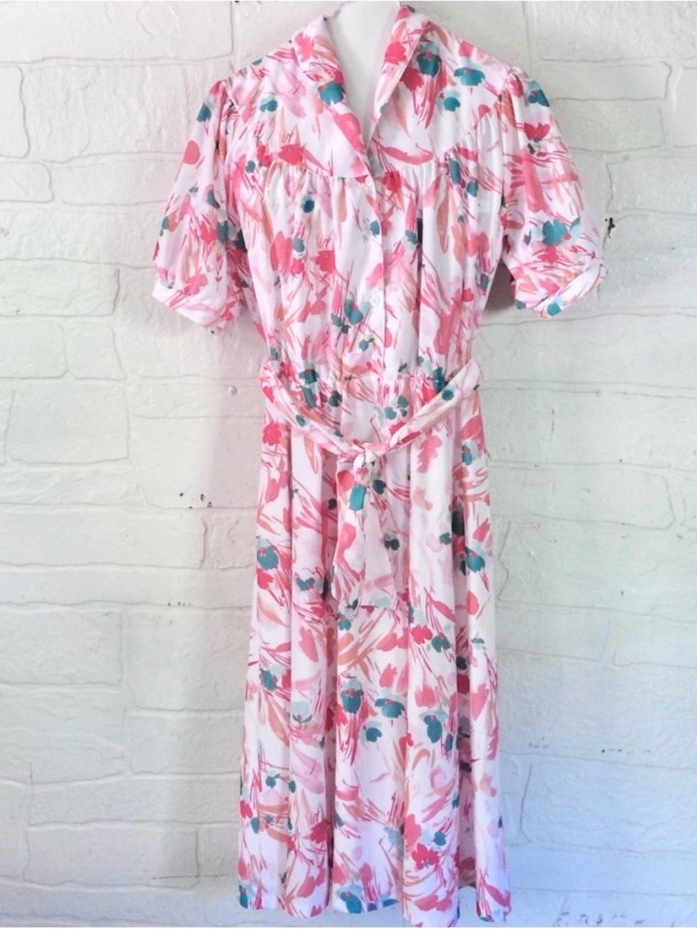 Vintage Floral Dress Pink Red Retro Midi Teal